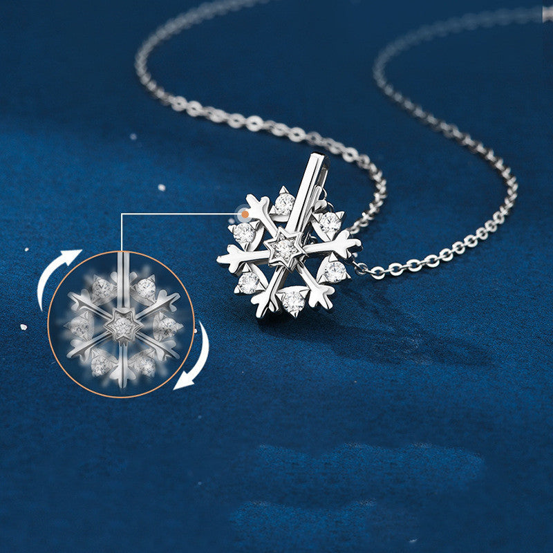 Rotatable 925 Silver Snowflake Necklace Women Luxury Niche Design Shiny Rhinestone Jewelry