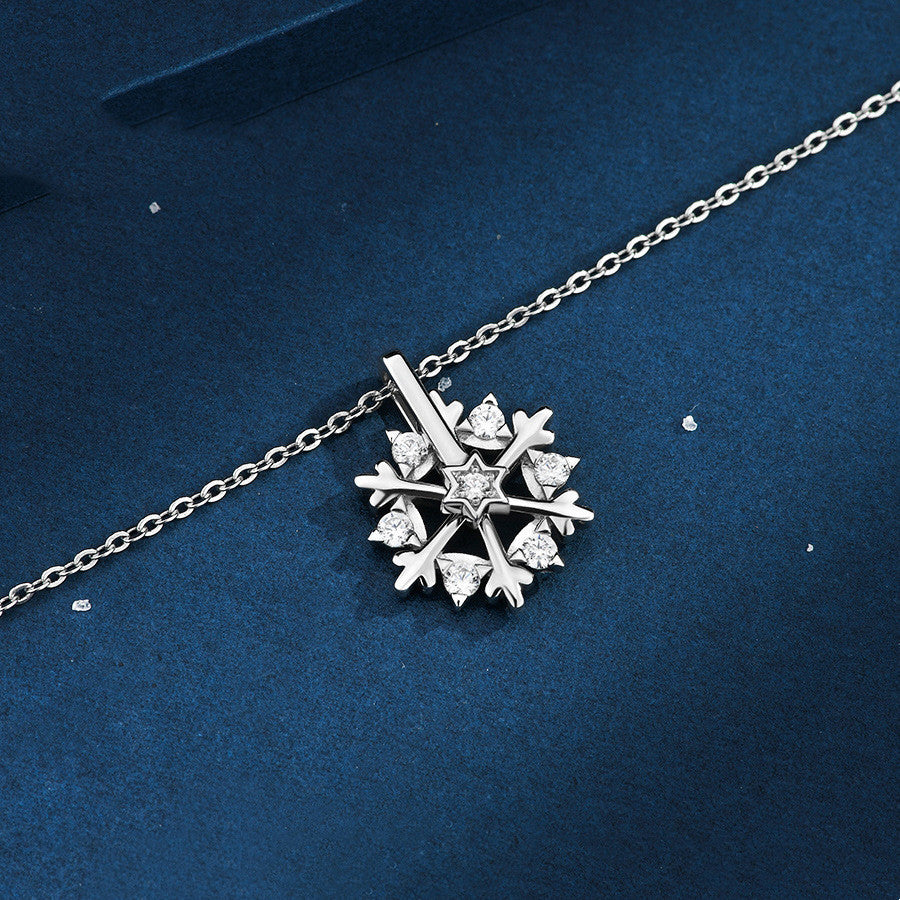 Rotatable 925 Silver Snowflake Necklace Women Luxury Niche Design Shiny Rhinestone Jewelry