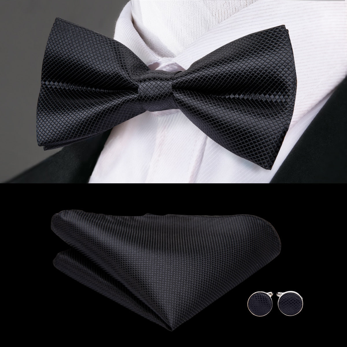 Silk Butterfly Bow Tie, Handkerchief and Cufflinks Set