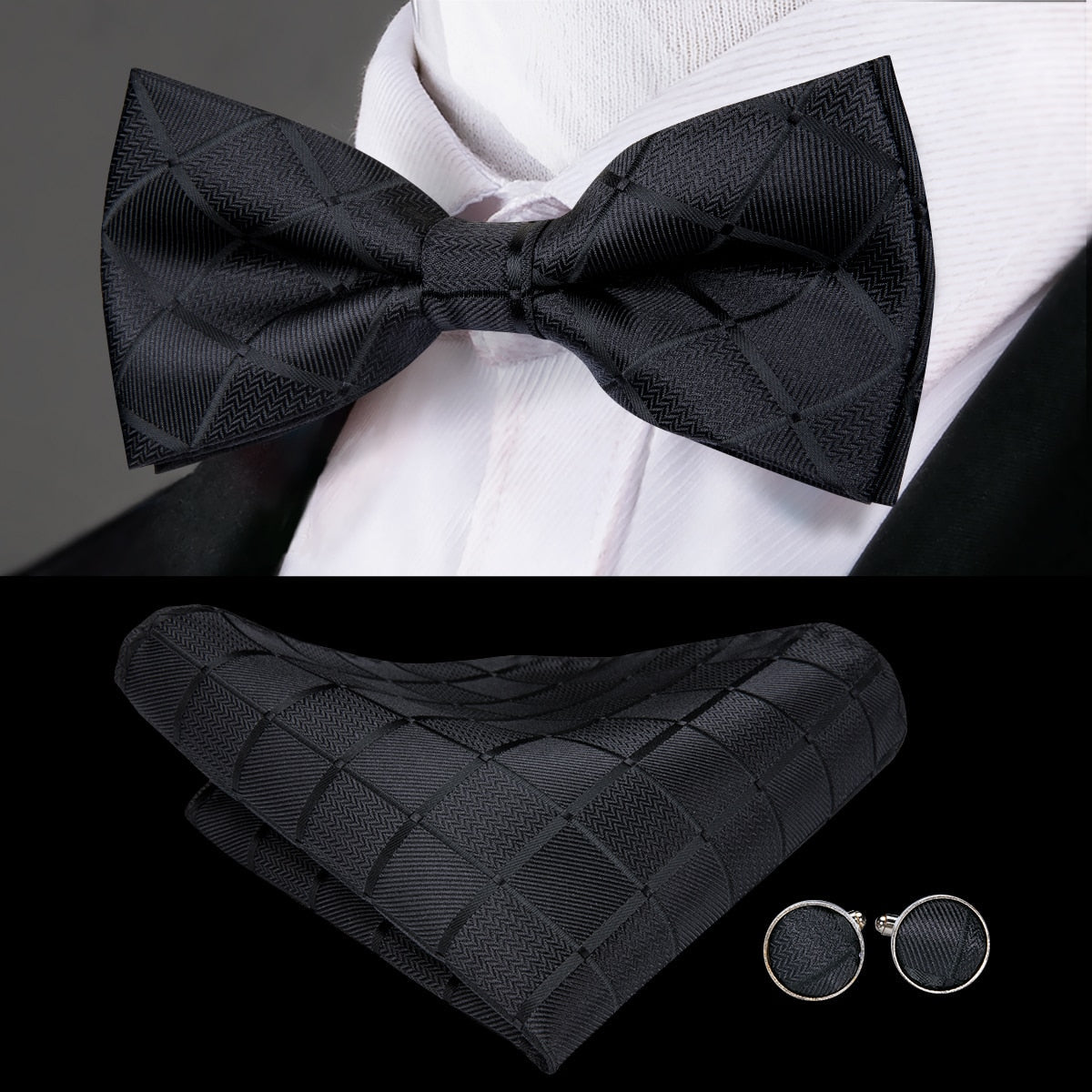 Silk Butterfly Bow Tie, Handkerchief and Cufflinks Set