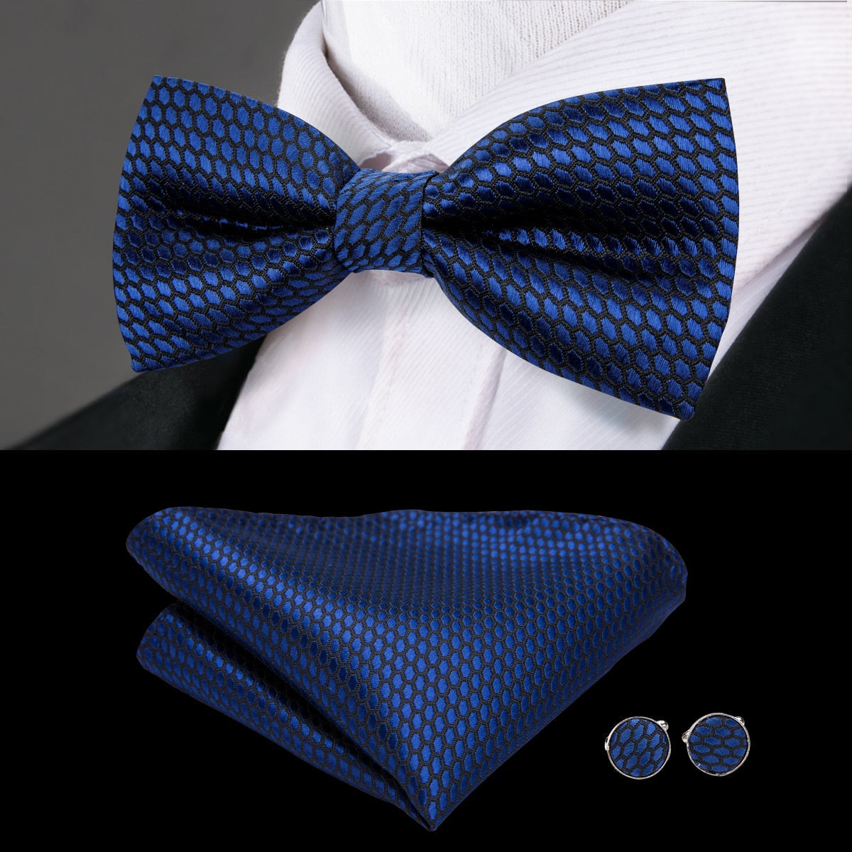 Silk Butterfly Bow Tie, Handkerchief and Cufflinks Set