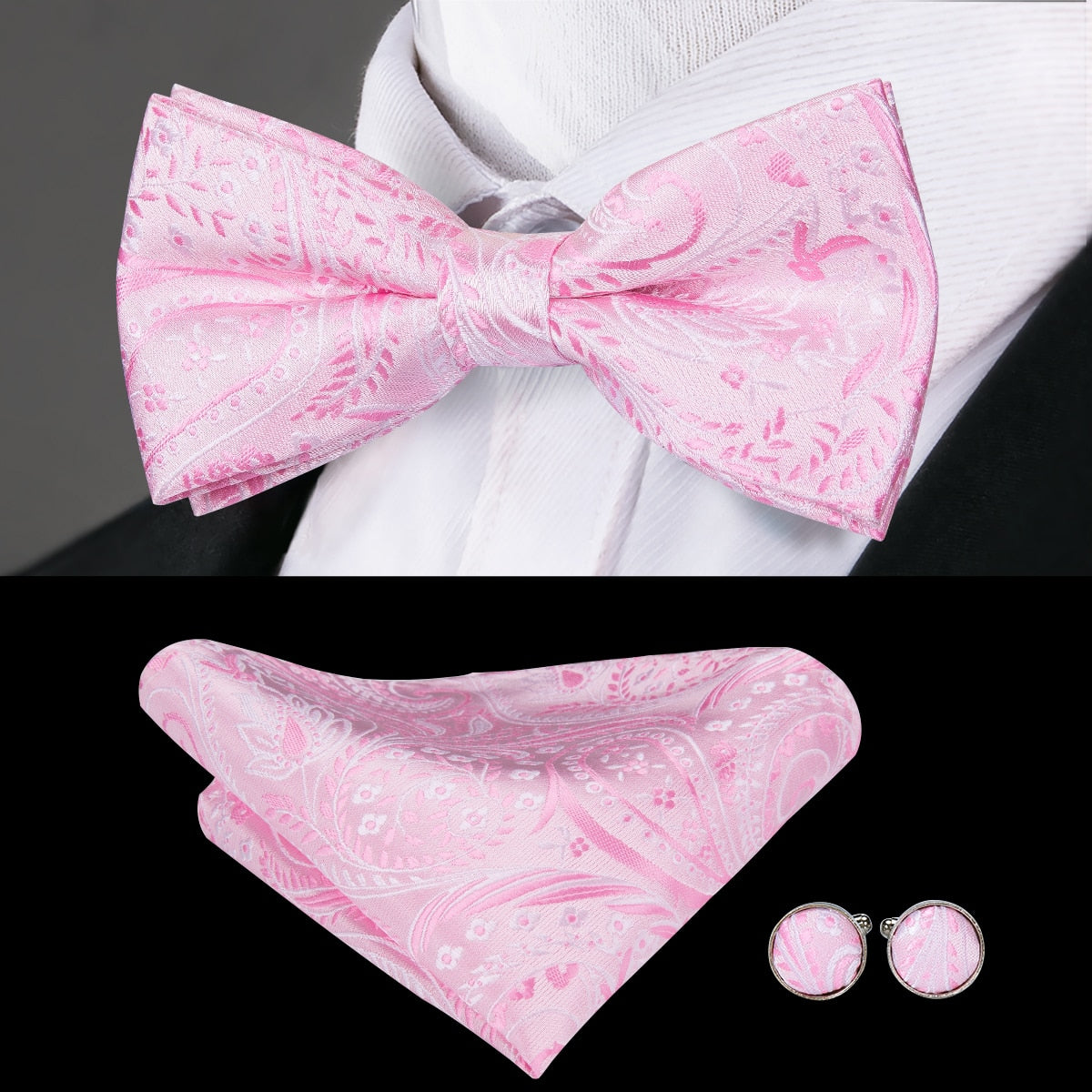 Silk Butterfly Bow Tie, Handkerchief and Cufflinks Set