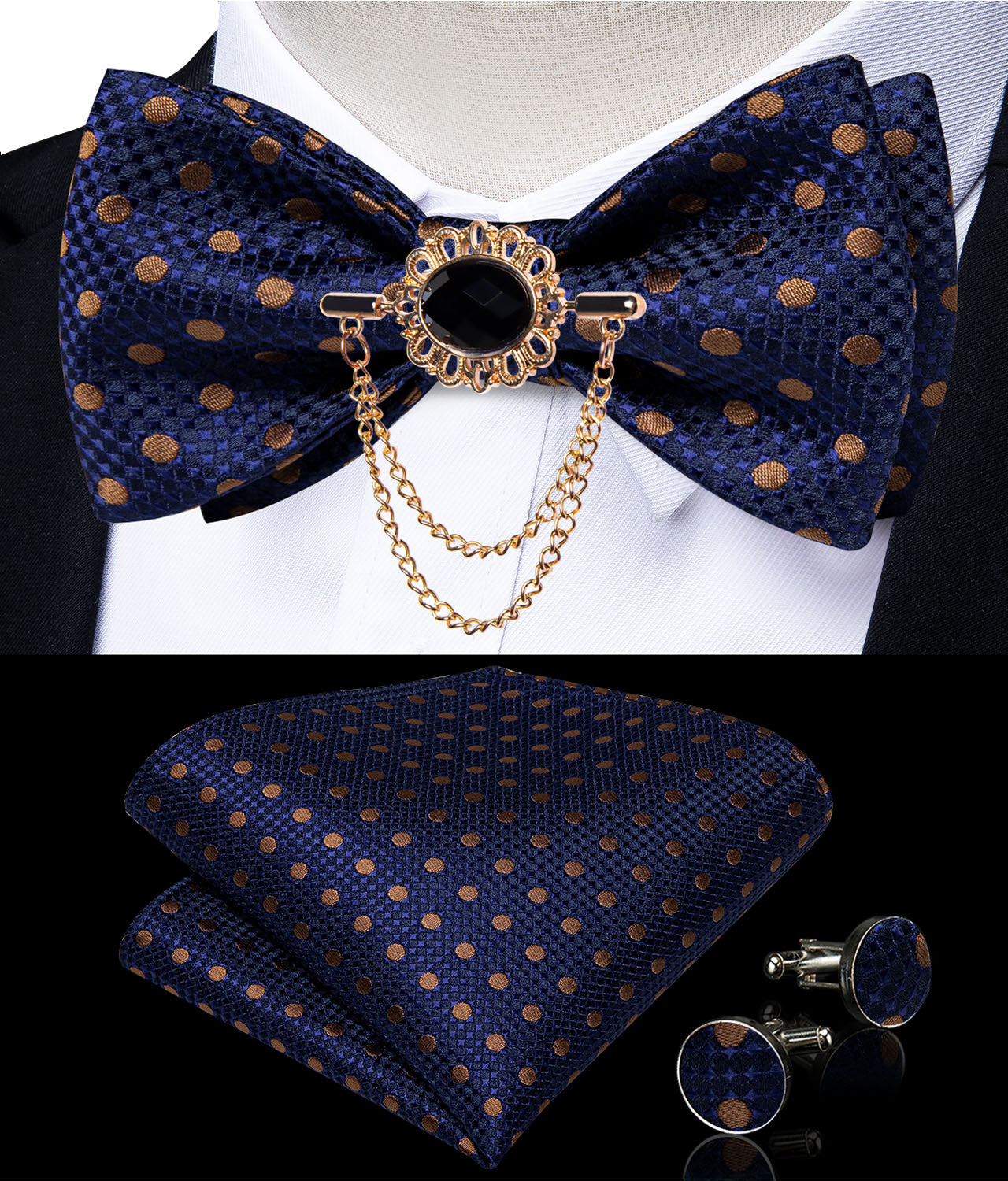 Fashion Bow Tie with Brooch Pin with matching Cufflinks