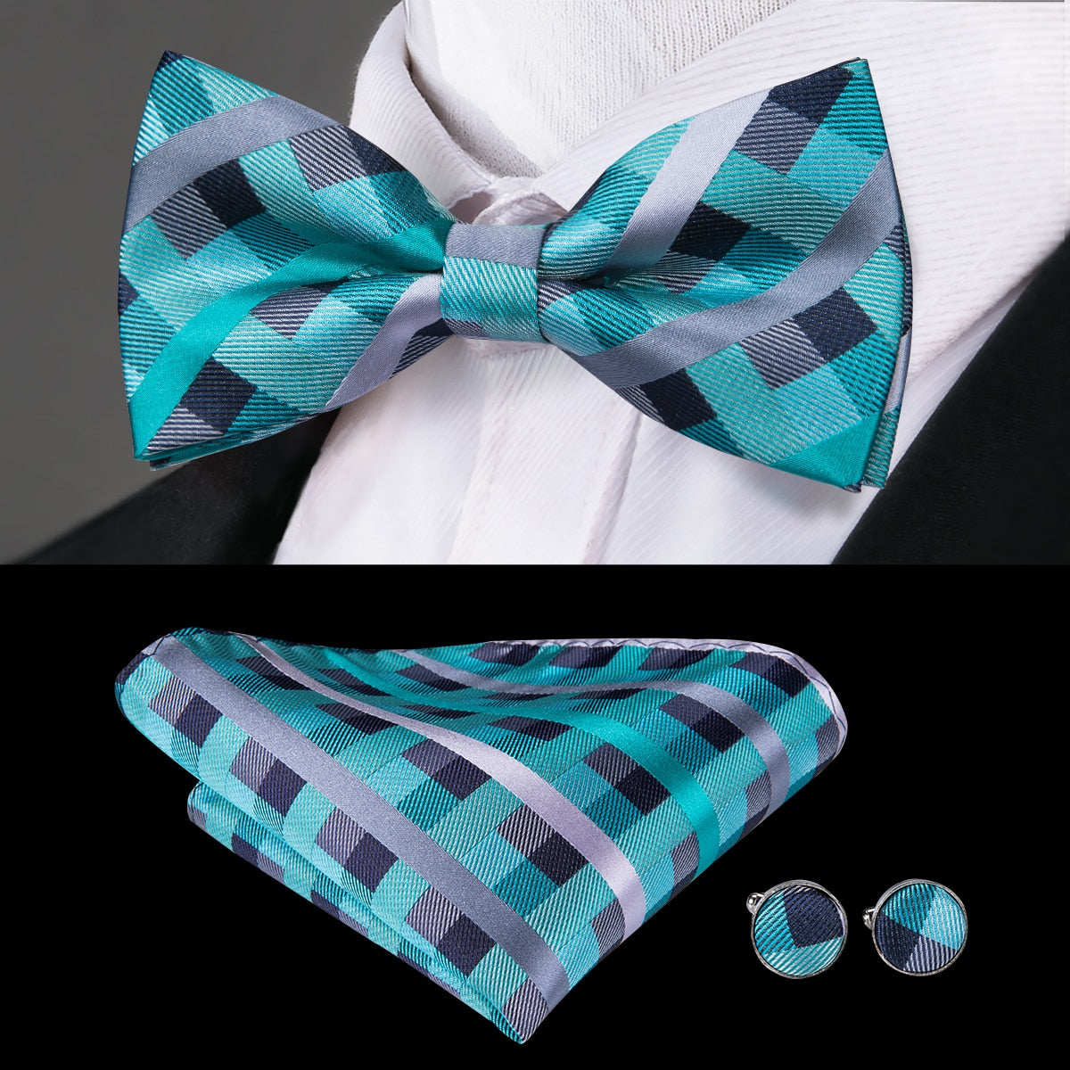 Silk Butterfly Bow Tie, Handkerchief and Cufflinks Set