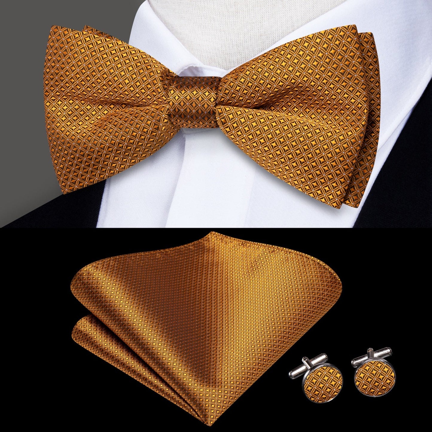 Silk Butterfly Bow Tie, Handkerchief and Cufflinks Set