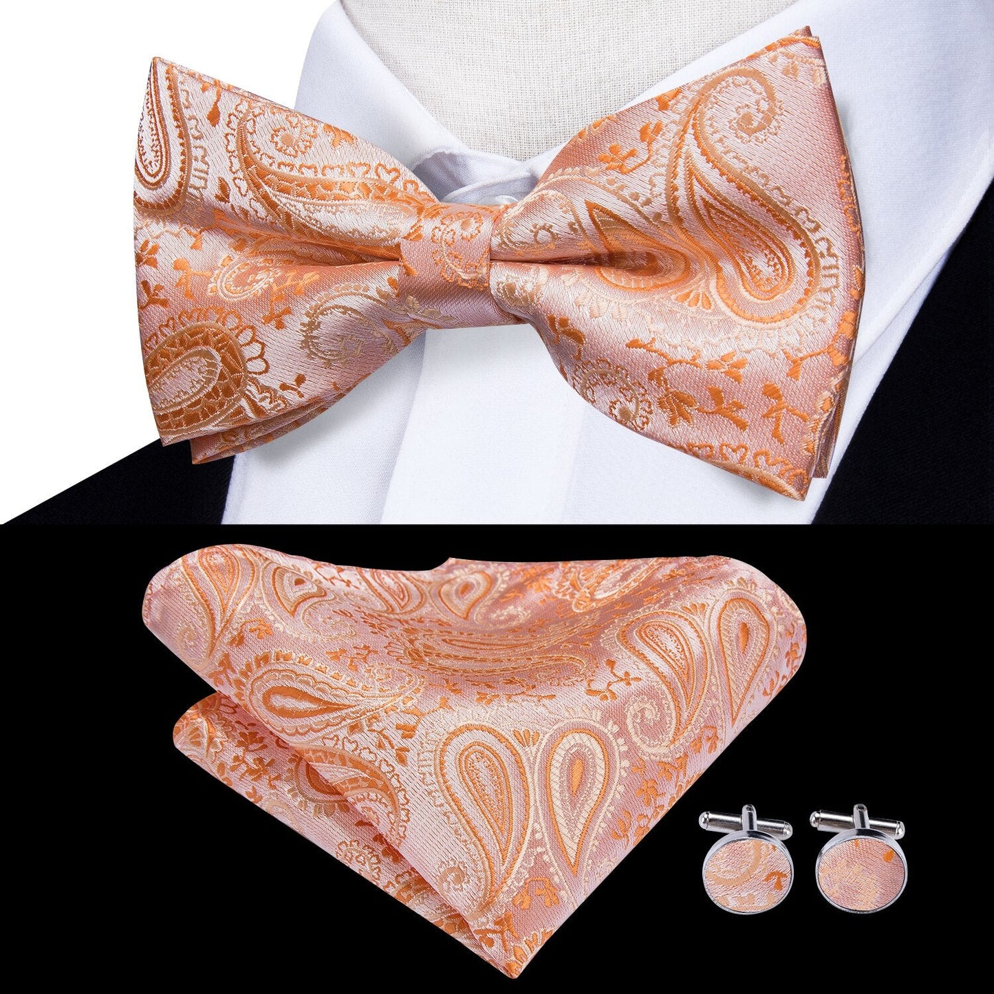 Silk Butterfly Bow Tie, Handkerchief and Cufflinks Set