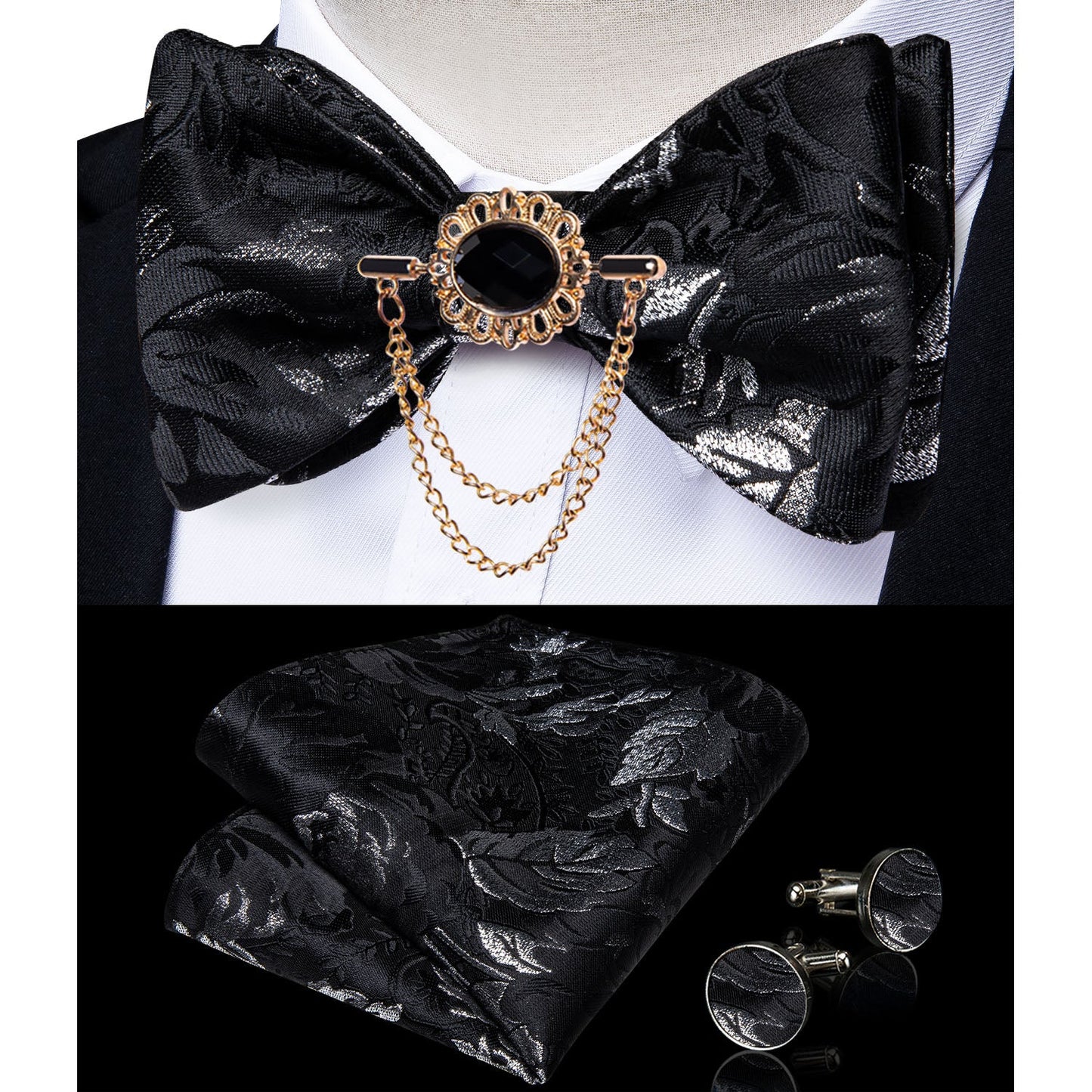 Fashion Bow Tie with Brooch Pin with matching Cufflinks