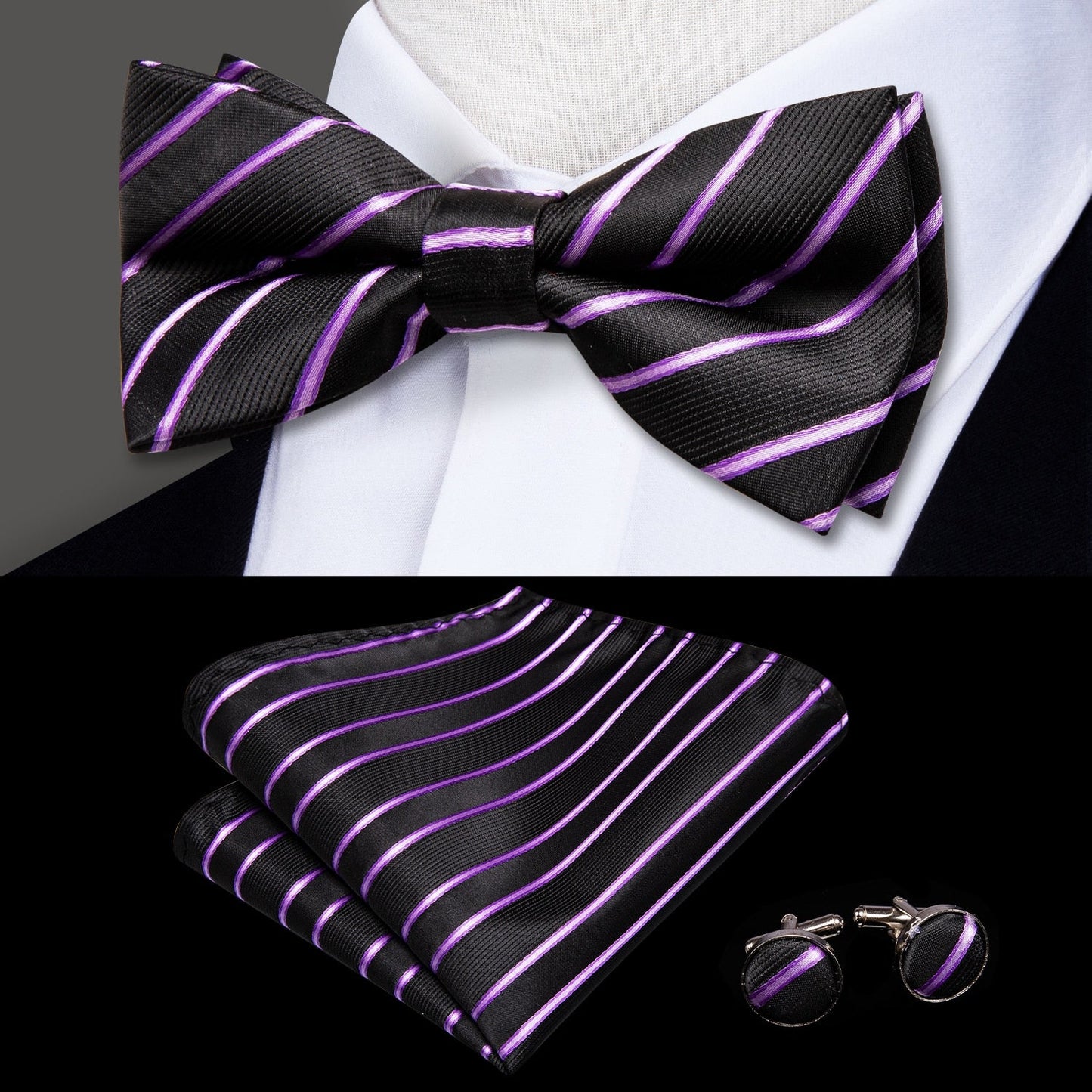 Butterfly Pre-Tied Bow Tie Pocket Square Cufflinks Suit Set