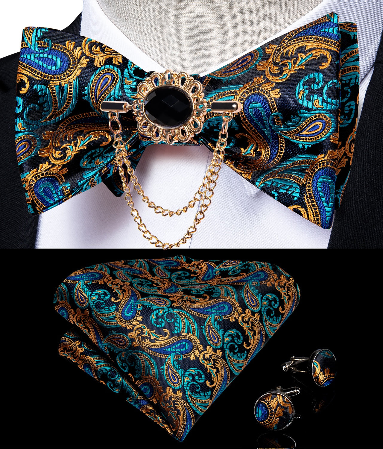 Fashion Bow Tie with Brooch Pin with matching Cufflinks