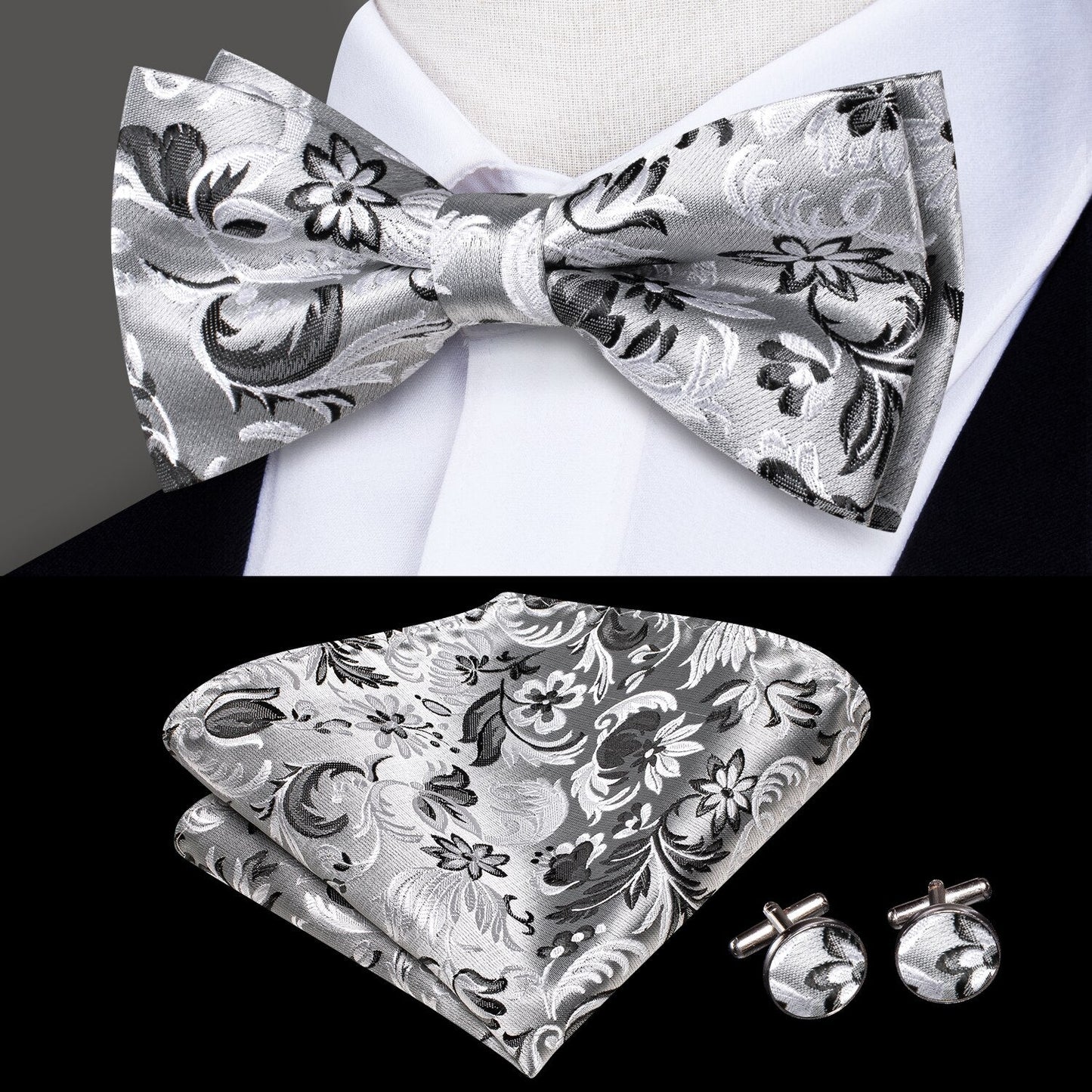 Silk Butterfly Bow Tie, Handkerchief and Cufflinks Set