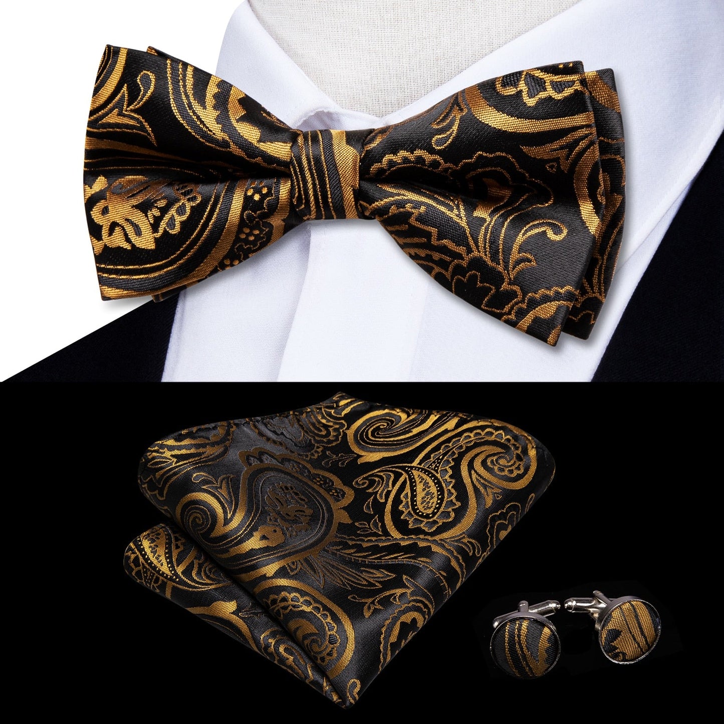 Silk Butterfly Bow Tie, Handkerchief and Cufflinks Set