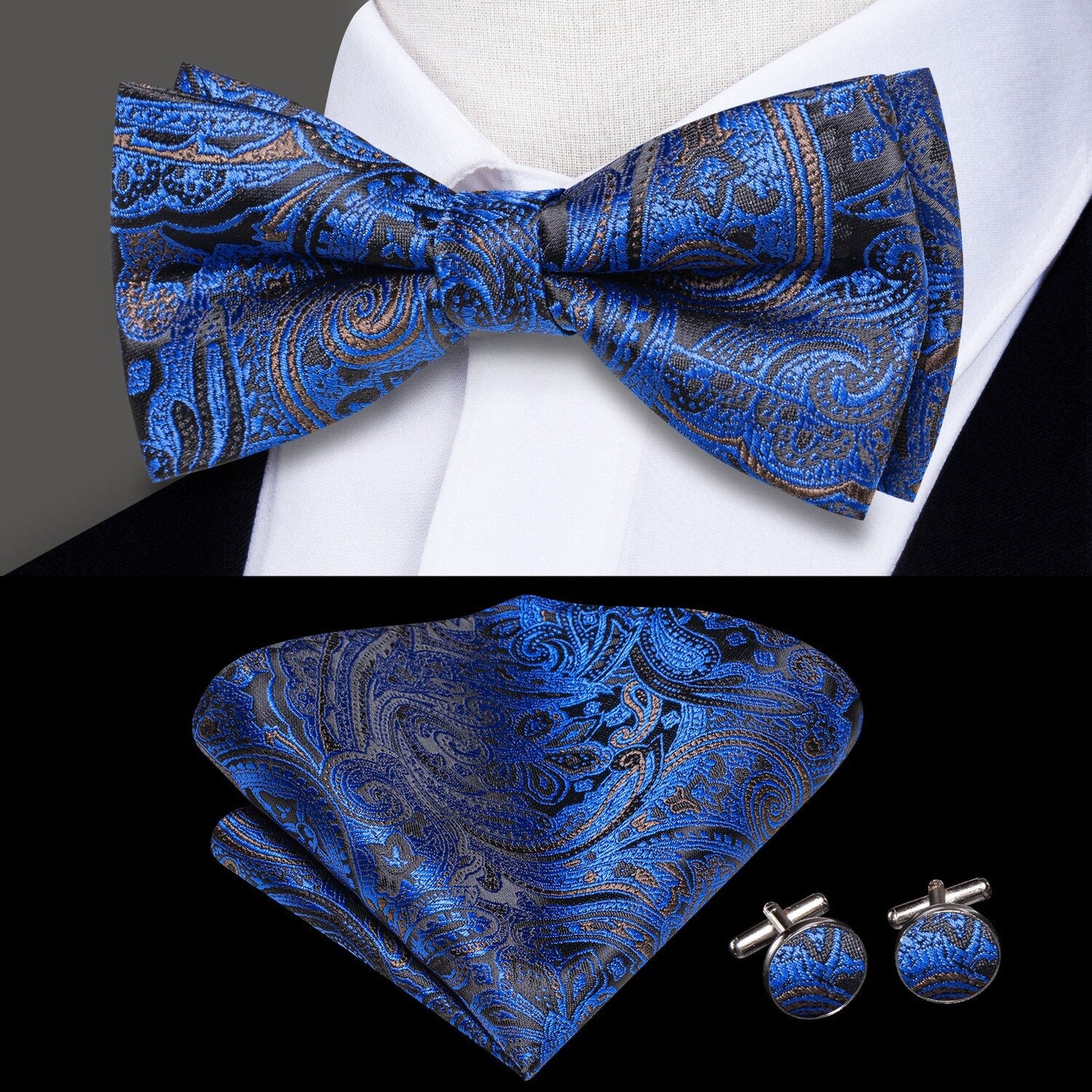 Silk Butterfly Bow Tie, Handkerchief and Cufflinks Set