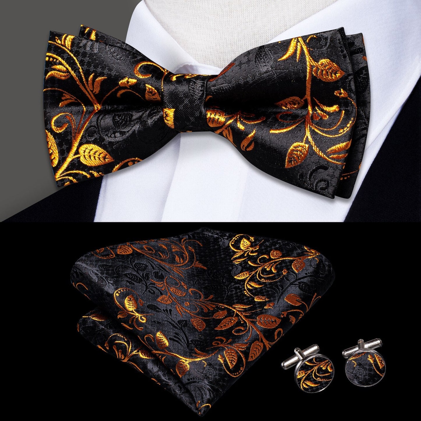 Silk Butterfly Bow Tie, Handkerchief and Cufflinks Set