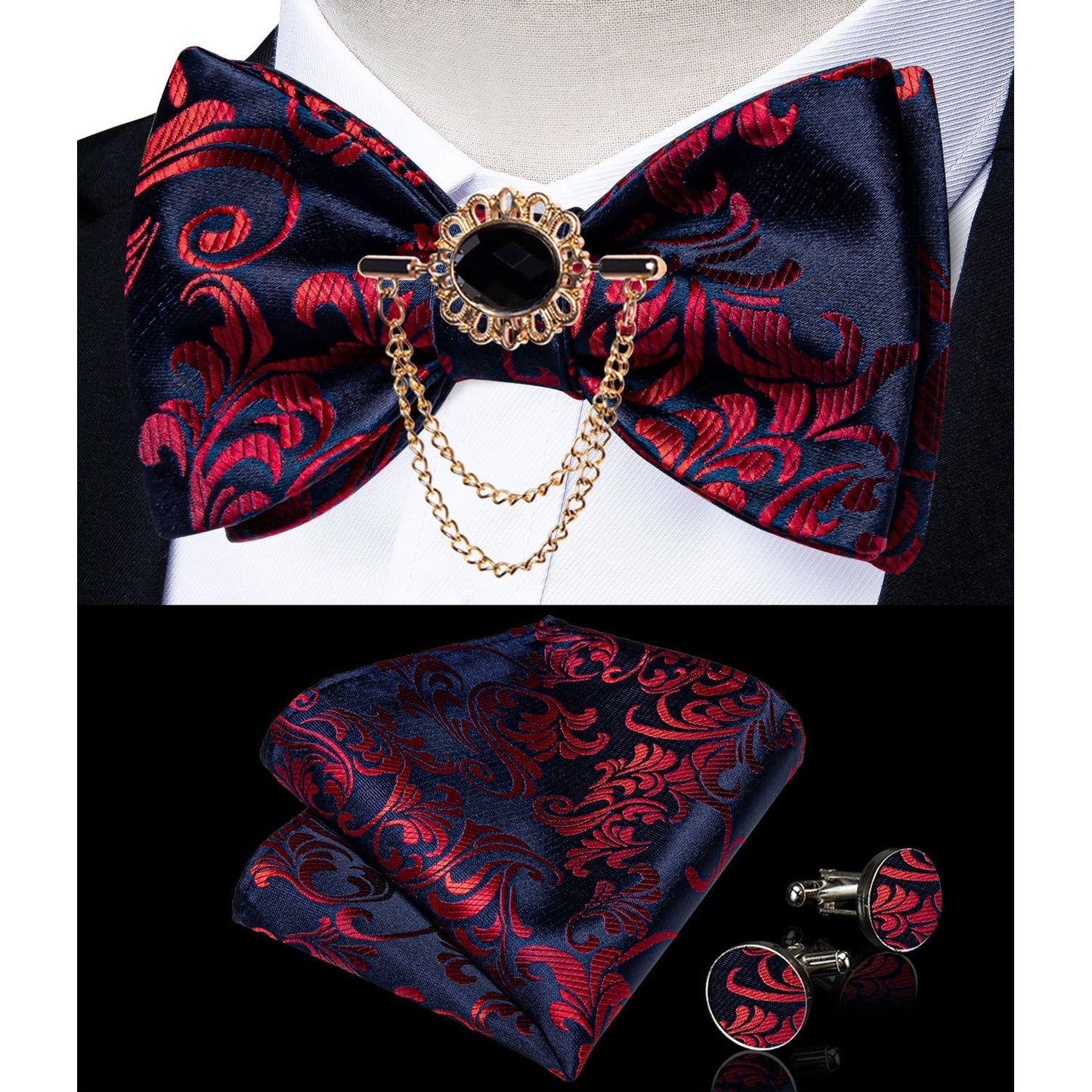 Fashion Bow Tie with Brooch Pin with matching Cufflinks