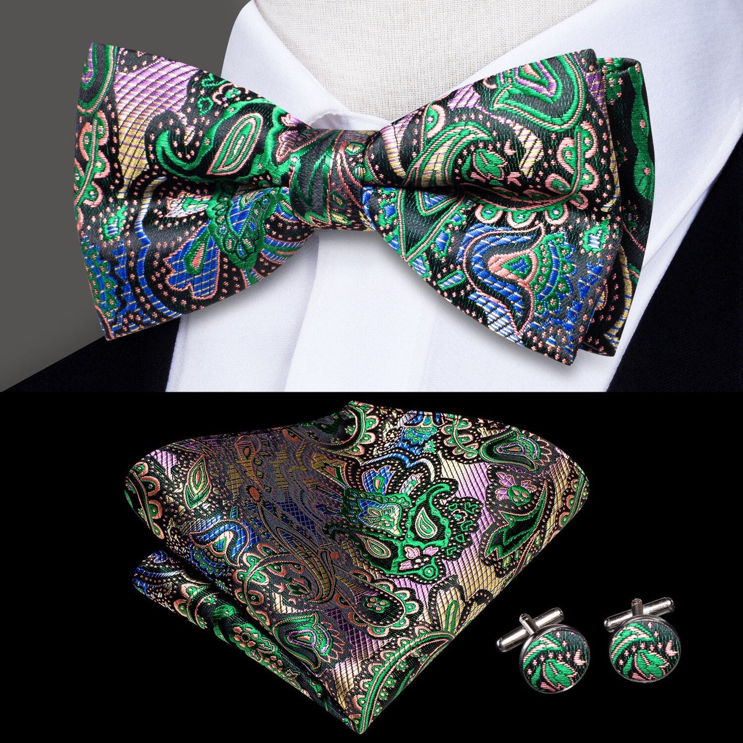 Silk Butterfly Bow Tie, Handkerchief and Cufflinks Set