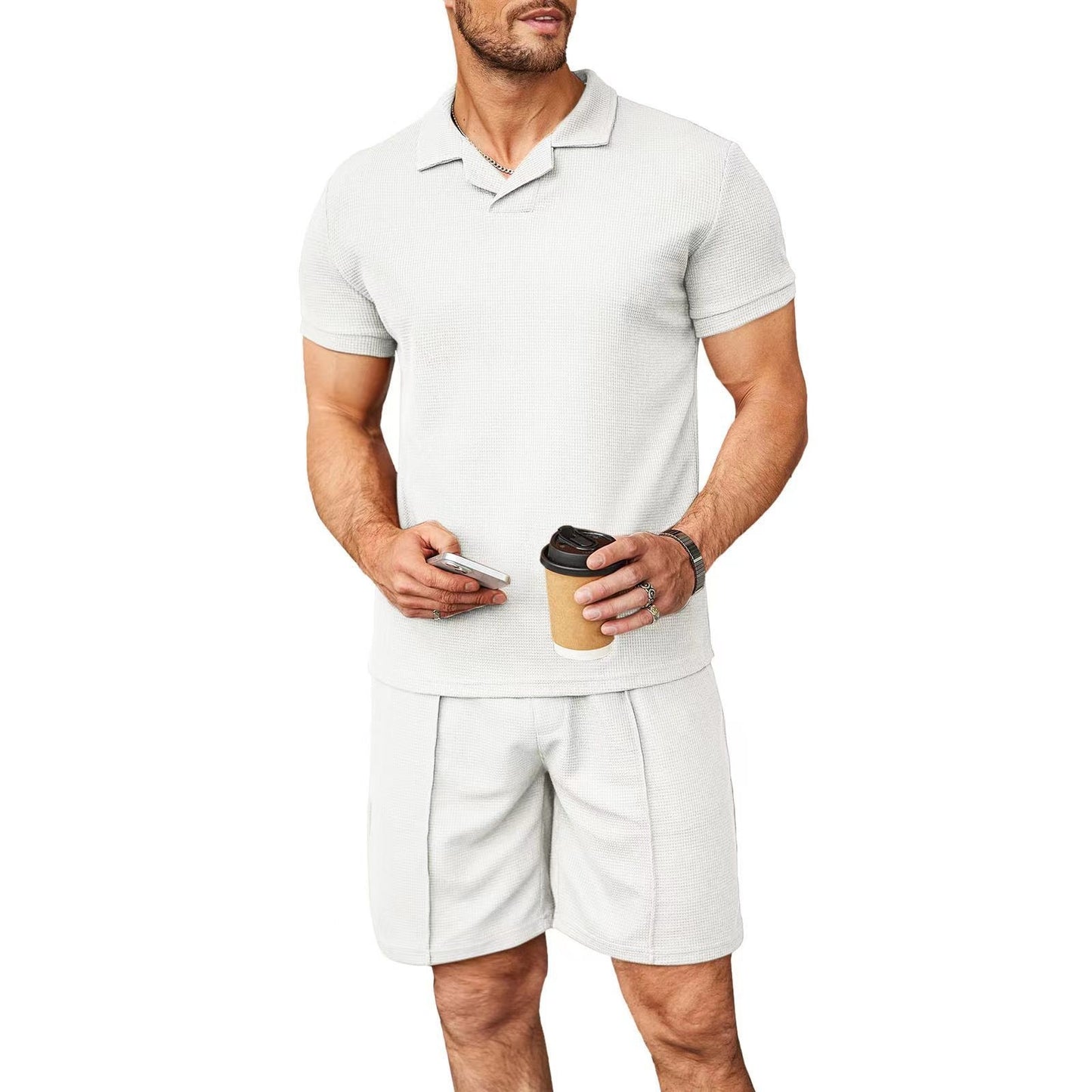 2pcs Set Men V Neck Polo Shirt