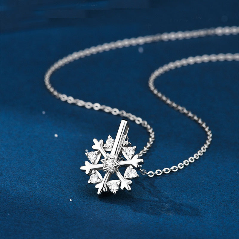 Rotatable 925 Silver Snowflake Necklace Women Luxury Niche Design Shiny Rhinestone Jewelry