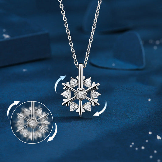 Rotatable 925 Silver Snowflake Necklace Women Luxury Niche Design Shiny Rhinestone Jewelry