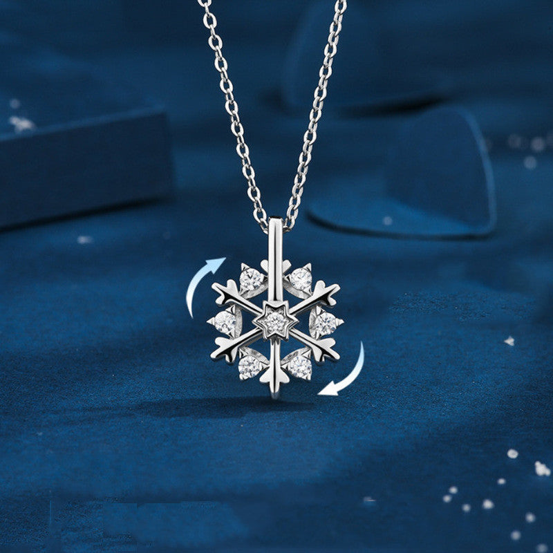 Rotatable 925 Silver Snowflake Necklace Women Luxury Niche Design Shiny Rhinestone Jewelry